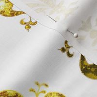 4" Airy French Gold -- Swirl Fancy Fleur de Lis - White and Gold Fleur de Lis - Gold and White Mardi Gras Coordinate - New Orleans Gold -- Faux Glitter, Gold Glitter Print, Simulated Gold Glitter Fleur de Lis - 8.33in x 8.33in repeat - 150dpi (Full Scale)