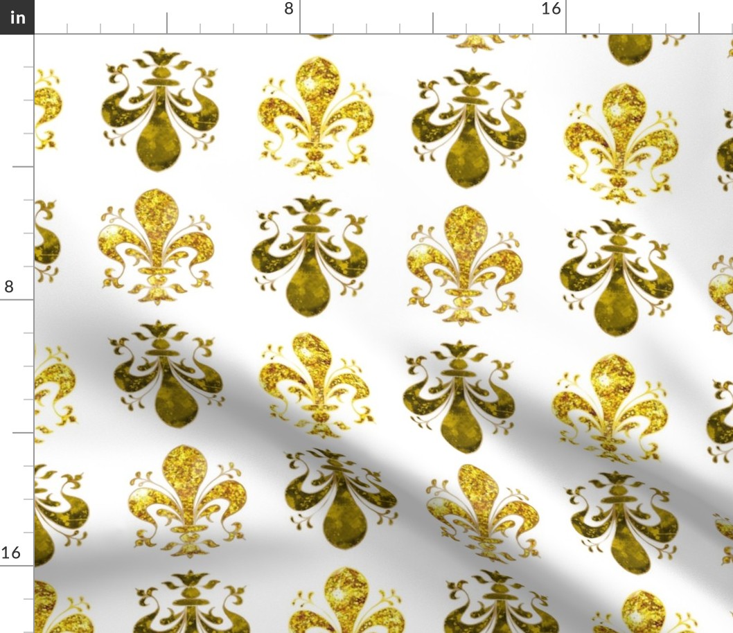 4" Airy French Gold -- Swirl Fancy Fleur de Lis - White and Gold Fleur de Lis - Gold and White Mardi Gras Coordinate - New Orleans Gold -- Faux Glitter, Gold Glitter Print, Simulated Gold Glitter Fleur de Lis - 8.33in x 8.33in repeat - 150dpi (Full Scale)