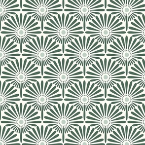 Geometric floral sunflower scallop design French Provincial soft green tones on natural white