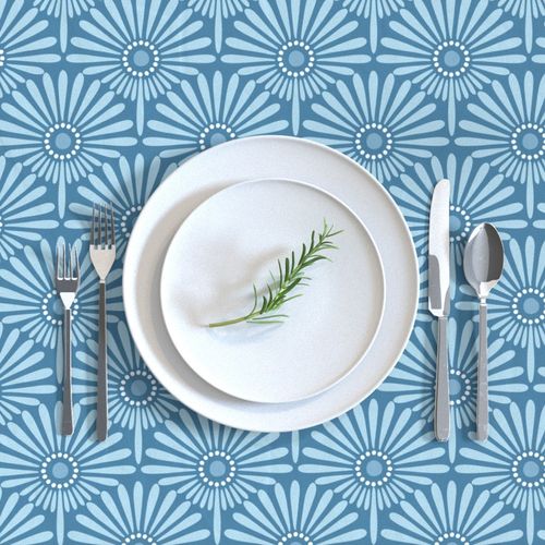 Geometric floral sunflower scallop design in soft French Provincial blue hues