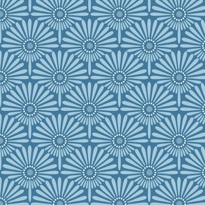Geometric floral sunflower scallop design in soft French Provincial blue hues