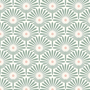 Geometric floral sunflower scallop design in light sage green and pastel apricot and apricots  on natural white