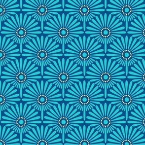 Geometric floral sunflower scallop design in ocean blue and turquoise with soft golden yellow