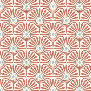 Geometric floral sunflower scallop design with terracotta orange, wheat golden yellow and soft light blue