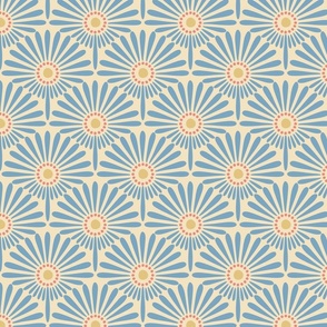 Geometric floral sunflower scallop design in French blue with coral pink and wheat gold on bright spring beige