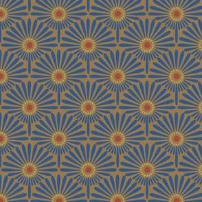 Geometric floral sunflower scallop design in warm Fall colors inspired by William Morris palette with rustic gold_ dusky blue_ earth tones brown and terracotta