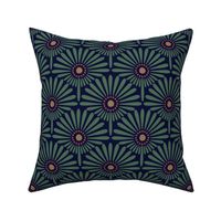 Forest biome fan palm leaf scallop design in William Morris winter colors dark blue, green  dusky pink and rustic gold, large scale
