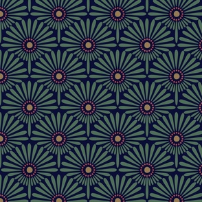 Forest biome fan palm leaf scallop design in William Morris winter colors dark blue, green  dusky pink and rustic gold, large scale