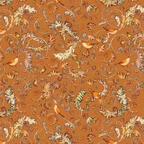 Autumn fall whimsical william morris style songbirds GINGER tan camel earthy 14"
