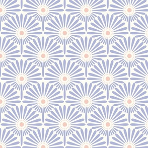 Geometric floral sunflower scallop design in pastel lilac,  pastel peach and light apricot on natural white