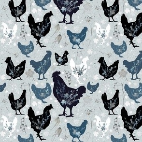 Small Hen Floral / Chickens / Watercolor / blue / white