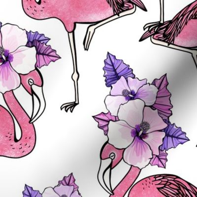 Flamingos with Hibiscus Flowers White