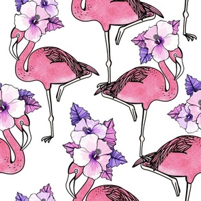 Flamingos with Hibiscus Flowers White