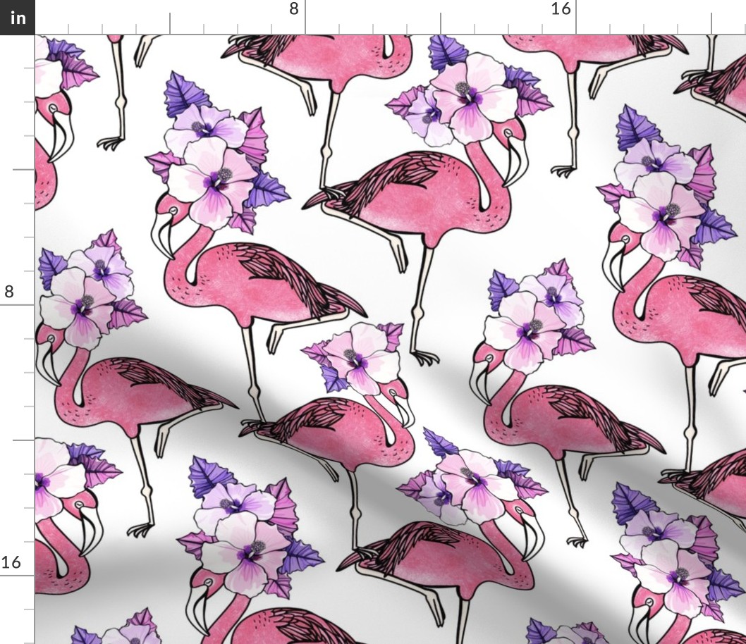 Flamingos with Hibiscus Flowers White