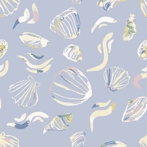 Loose watercolour shells in lemon yellow + pink on light blue background