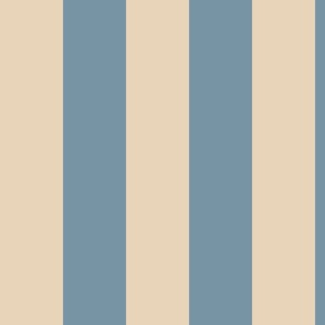 Vintage awning stripe in cream and muted denim blue, wide stripe