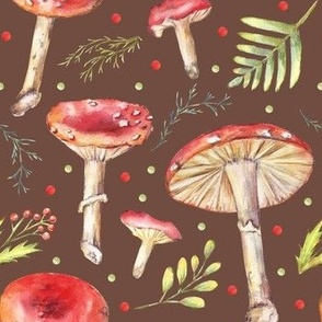  Poisonous fly agaric mushrooms with twigs and leaves. Fall botanical watercolor Amanita