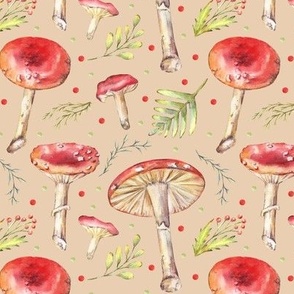 Red Amanita mushrooms on a beige background. Watercolor fall fly agarics