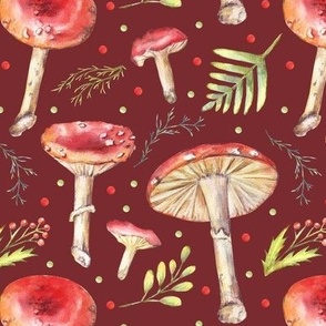  Fly agaric mushrooms on a red background. Amanita watercolor