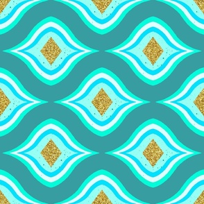 70s mod geometric ogee tribal pattern - mint, teal and gold