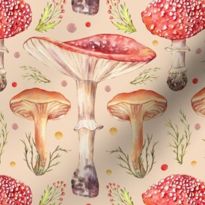 Whimsical fly agaric mushrooms and toadstools. Watercolor amanita. Light Beige background