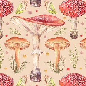 Whimsical fly agaric mushrooms and toadstools. Watercolor amanita. Light Beige background