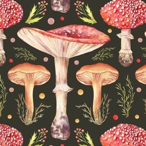 Magic fly agaric mushrooms on a dark background. Watercolor Amanita toadstools - MEDIUM scale