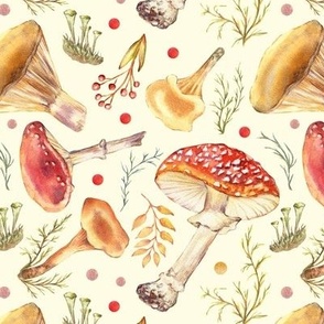 Fly agaric and toadstool mushrooms. Fall amanita on a beige background. Hand drawn watercolor - Medium scale
