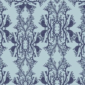 Coastal Blue Damask, Indigo Coral Wallpaper, Ocean Life Fabric, Nautical Print_12'x12'