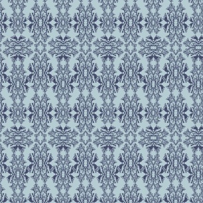 Coastal Blue Damask, Indigo Coral Wallpaper, Ocean Life Fabric, Nautical Print_8'x8'