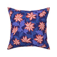 Modern graphic floral - red flowers and blue leaves on navy blue background