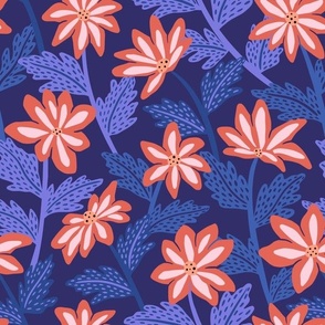 Modern graphic floral - red flowers and blue leaves on navy blue background