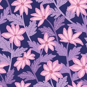 Modern graphic floral - pink flowers and purple leaves on navy blue background