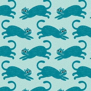 silly running cats teal on light blue | large