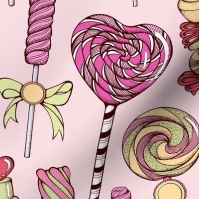 Cute Hand Drawn Lollipop Marshmallow Candy Sweets Desserts on Light Pink