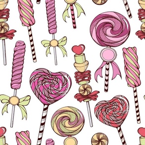Cute Hand Drawn Lollipop Marshmallow Candy Sweets Desserts on White
