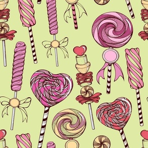 Cute Hand Drawn Lollipop Marshmallow Candy Sweets Desserts on Green