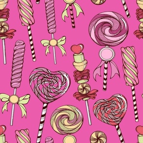 Cute Hand Drawn Lollipop Marshmallow Candy Sweets Desserts on Pink