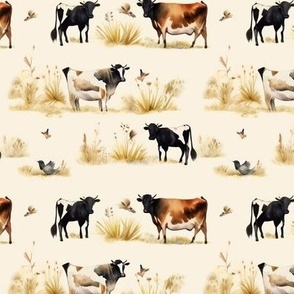 Pastoral Harmony Fabric - Watercolor Cows in Serene Countryside Splendor