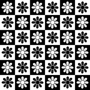 Retro Checker Florals Vintage Black and White
