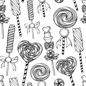 Black and White Hand Drawn Lollipop Marshmallow Candy Sweets Desserts Coloring Wallpaper