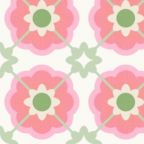 RETRO PASTEL FLORAL DAISY ON TRELLIS 2. PINK GREEN • LARGE #abstract daisy #retroflowers #minimalabstract #floraltrellis #middenturyfloral #florallatice #spoonflowercollection 