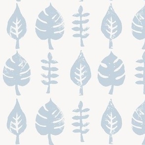 lino print leaves - white pale blue 