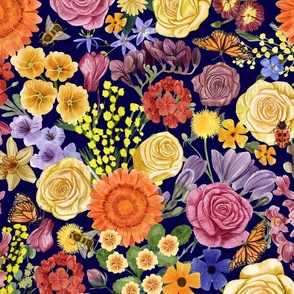 Rich Maximalist Floral with Rose, Gerbera, Gladiolus, Mimosa, Geranium, Cyclamen, Primerose, Dandelion, Freesia, Bees, Butterflies and Ladybug, Large Scale, Navy Blue Background