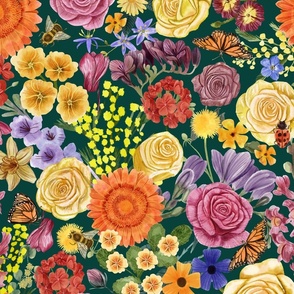 Rich Maximalist Floral with Rose, Gerbera, Gladiolus, Mimosa, Geranium, Cyclamen, Primerose, Dandelion, Freesia, Bees, Butterflies and Ladybug, Large Scale, Green Background