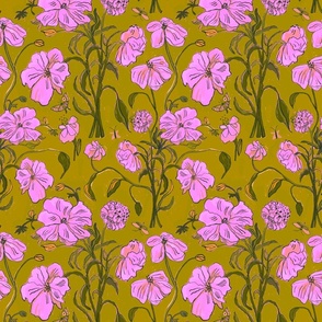 Green and hot pink Floral Pattern, hand drawn, painterly, retro vintage inspired, colorful, funky, bright, fun, painterly, moths