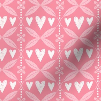 Hearts, Leaves & Dots Textured Grid Pattern in hot pink, ballerina pink and white/light cream