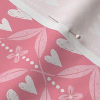 Hearts, Leaves & Dots Textured Grid Pattern in hot pink, ballerina pink and white/light cream