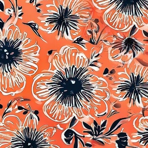 block print large scale black and white flowers peach background