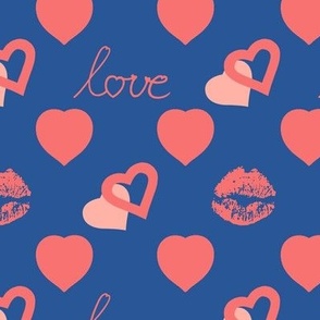 Kisses, love, hearts on blue